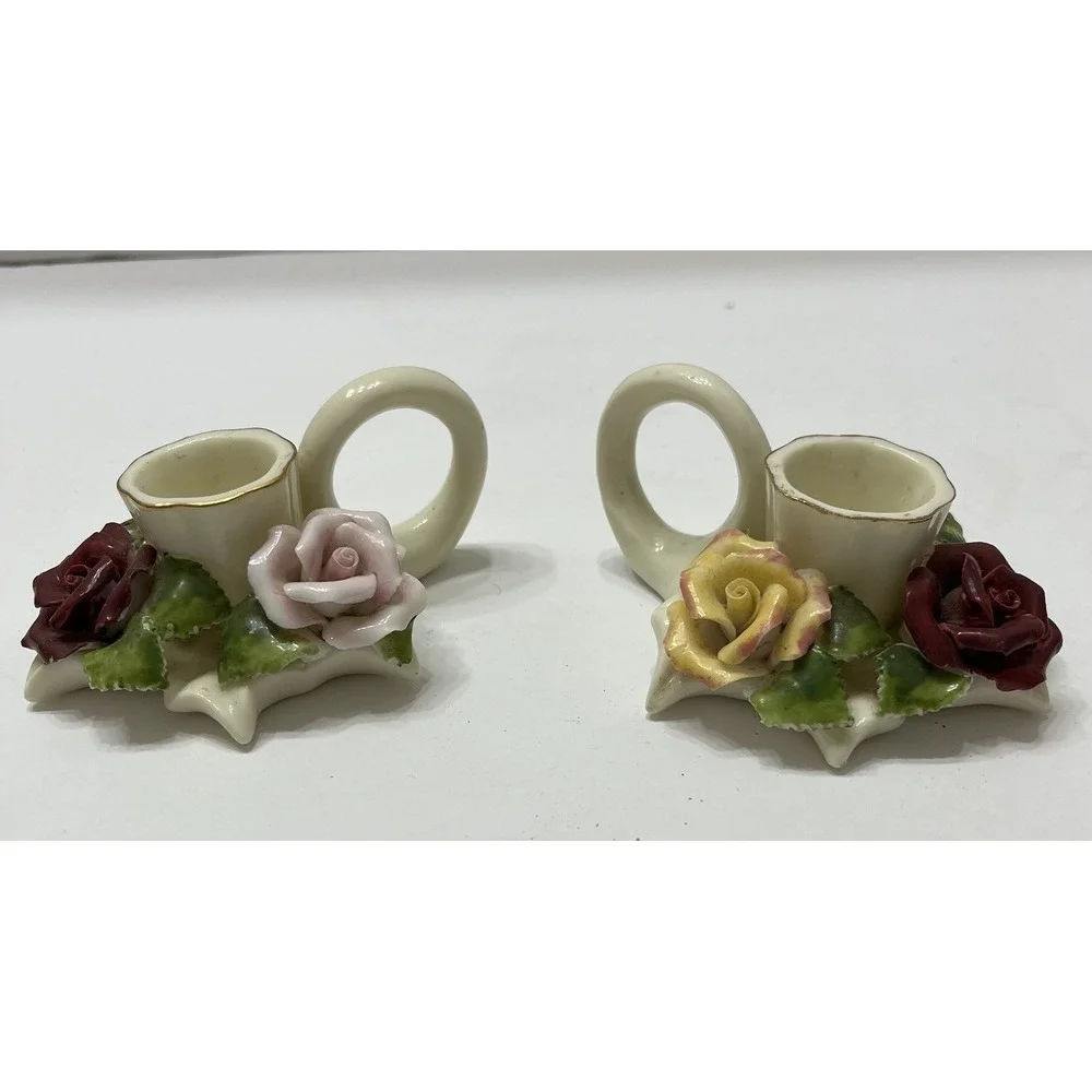 Vintage Porcelain Taper Candle Holders Finger Loop White 3D Hand Painted Roses 2